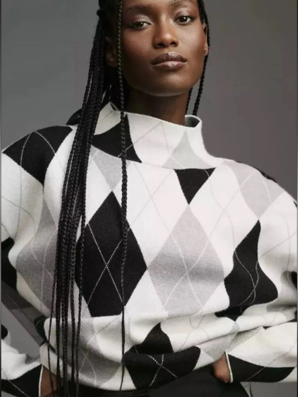 Anthropologie Maeve Gray & Black Argyle Turtleneck Sweater Size S